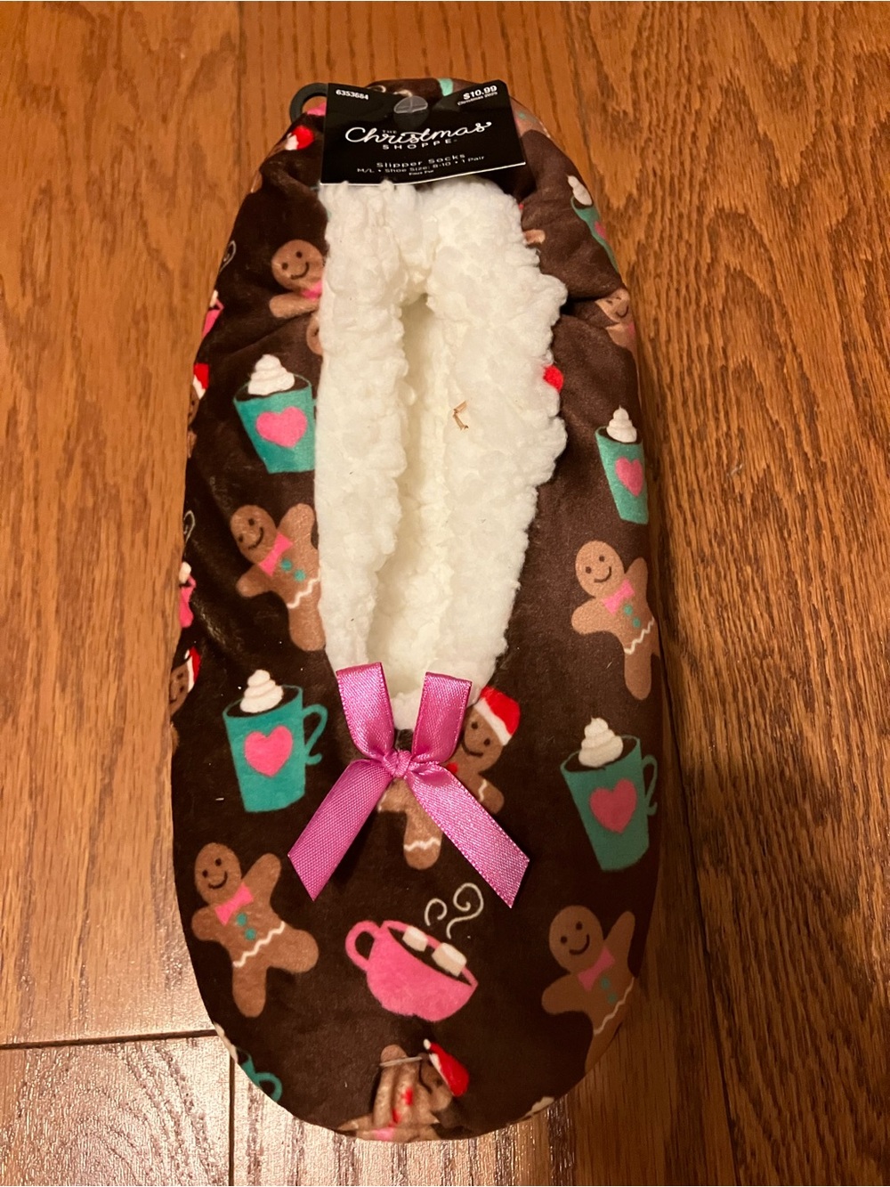 Brand New Brown Gingerbread Print Cozy Slipper Socks with Pink Bow